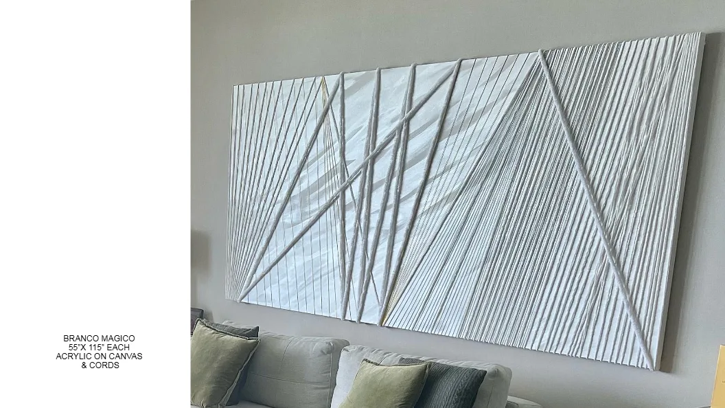Branco Magico — 55x116 inch each, kinetic string art by Alessandra Meskita, acrylic on canvas and cords