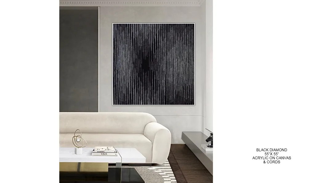 Black Diamond — 55x55 inch kinetic string art by Alessandra Meskita, acrylic on canvas and cords
