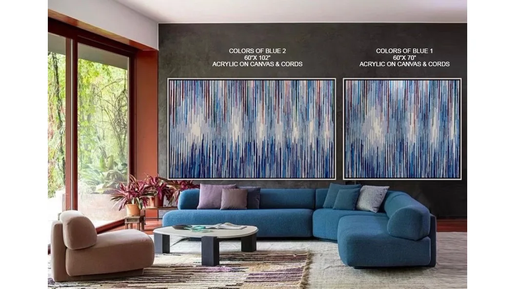 Colors of Blue — 60x102 and 60x70 inch kinetic string art diptych by Alessandra Meskita, acrylic on canvas and cords