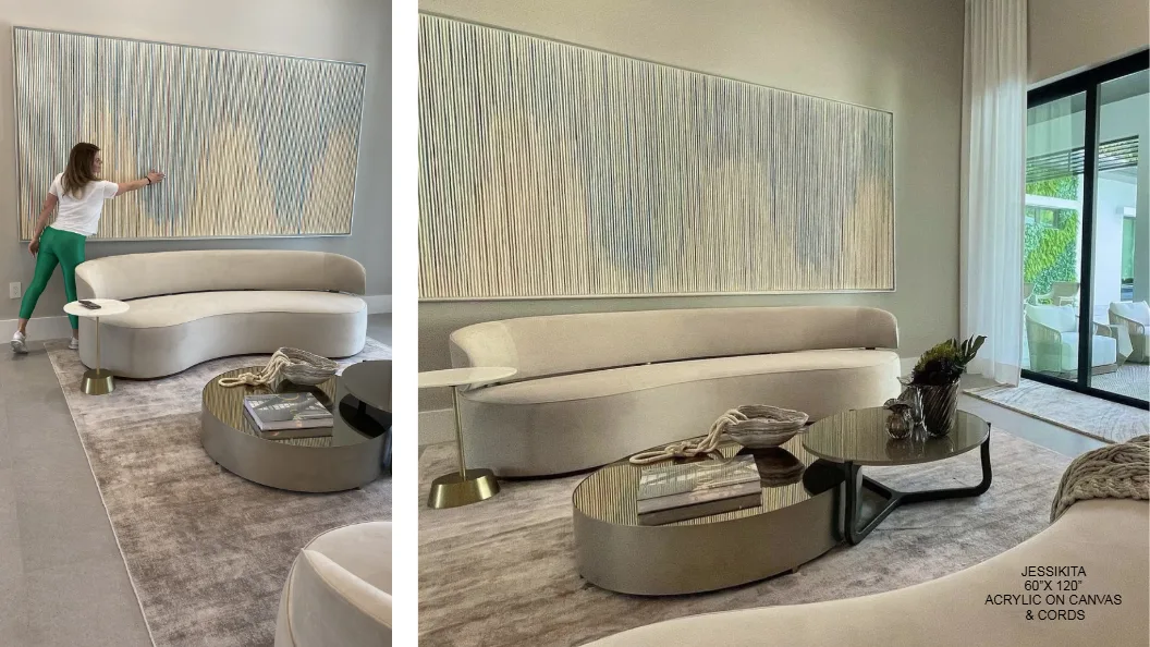 Jessikita — 50x120 inch kinetic string art by Alessandra Meskita, acrylic on canvas and cords