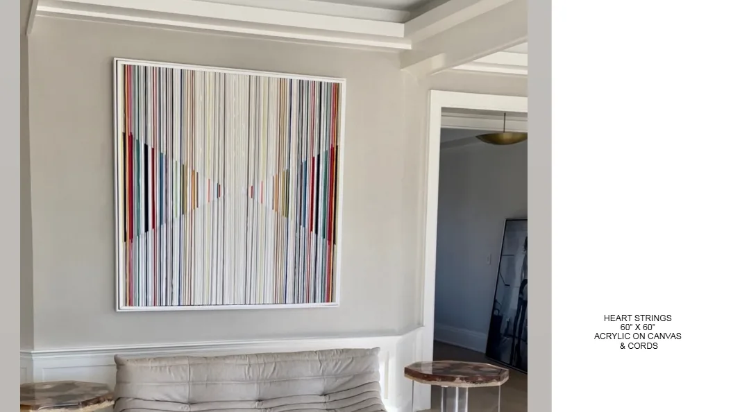 Heart Strings — 60x60 inch kinetic string art by Alessandra Meskita, acrylic on canvas and cords