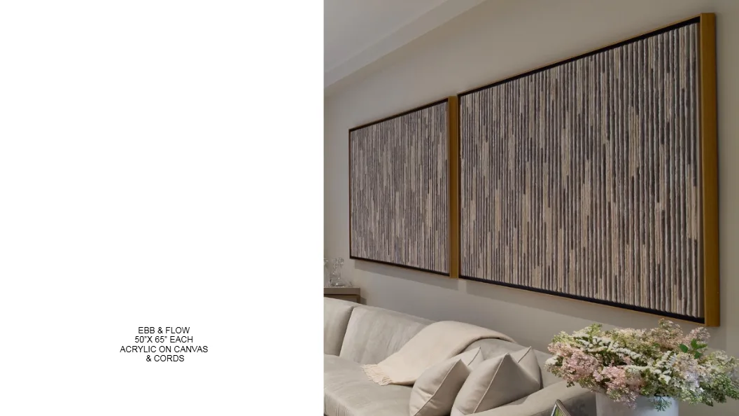 Ebb and Flow — 50x65 inch kinetic string art triptych by Alessandra Meskita, acrylic on canvas and cords