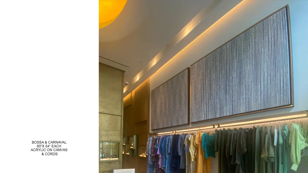 Bossa and Carnaval — 60x84 inch each, kinetic string art by Alessandra Meskita, acrylic on canvas and cords