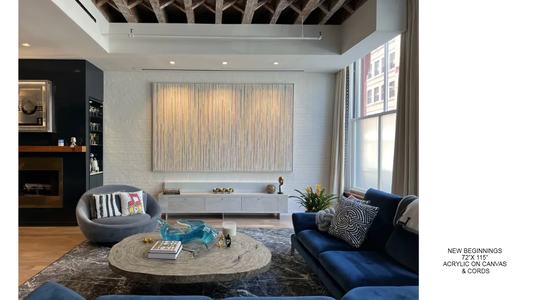 New Beginnings — 72x110 inch kinetic string art by Alessandra Meskita, acrylic on canvas and cords