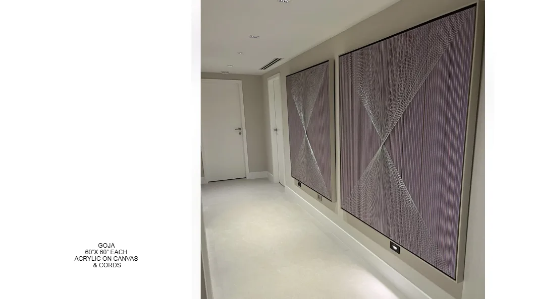 Goja — 60x60 inch each, kinetic string art by Alessandra Meskita, acrylic on canvas and cords