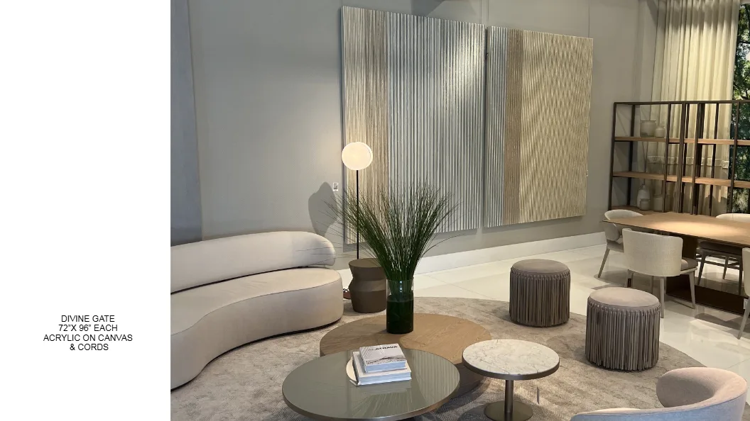 Divine Gate — 72x96 inch each, kinetic string art by Alessandra Meskita, acrylic on canvas and cords